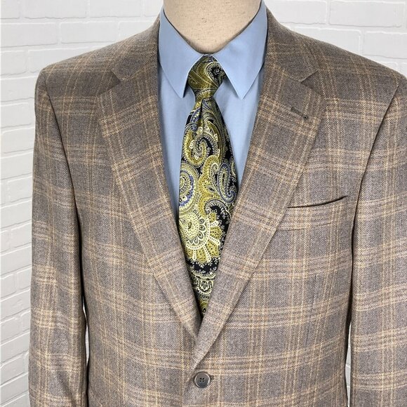 Jos A Banks Blazer Men 42L Gray Tan Glen Plaid‎ Herringbone Classic Jacket Wool - Picture 1 of 15